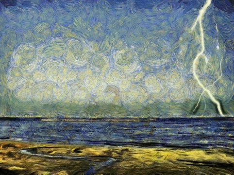 Artwork illustration- drawing on canvas. Van Gogh style. Pastel art.  Painted in watercolor. Powerful lightning in the sky above the sea. The storm is coming.