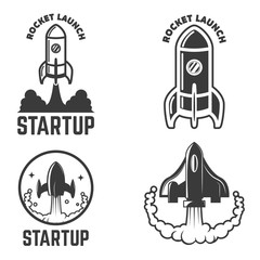 Set of emblems with rocket launch. Startup.