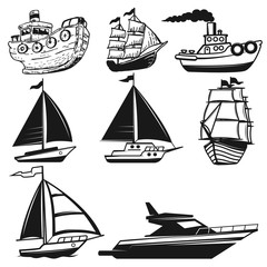 Set of boat, yachts illustrations isolated on white background.