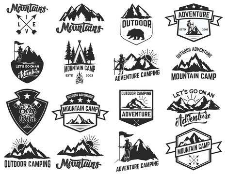 Set of camping emblems isolated on white background. Hiking, tourism, outdoor adventure.