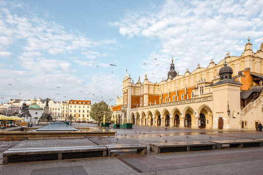 Cityscape view on the Market square with Cloth Hall building during the morning light in Krakow, Poland