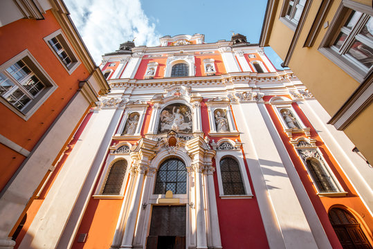View on the facade of the Fara church in Poznan, Poland