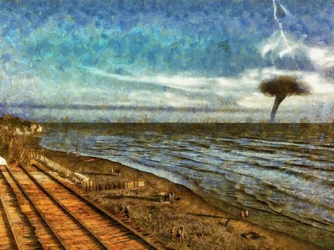 Tornado in the ocean. Deserted beach.The oncoming storm. Hurricane. Oil painting. Painted in watercolor. Hand draw from real picture. 