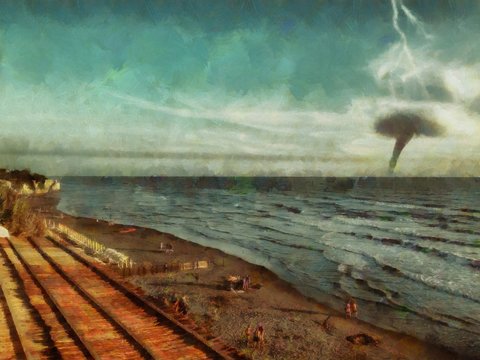 Tornado and lightning in the ocean. Modern art. The oncoming storm. Hurricane. Painted in watercolor. Hand drawn painting artwork.