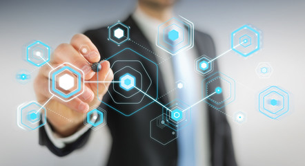 Businessman using digital screens with holograms datas 3D rendering