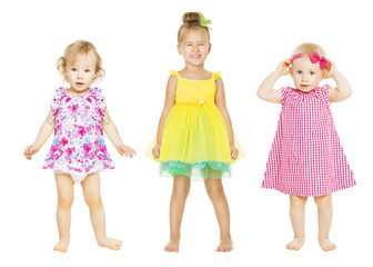 Baby Girls in Dress, Kids Group, Toddler Children Isolated over White, one three years old