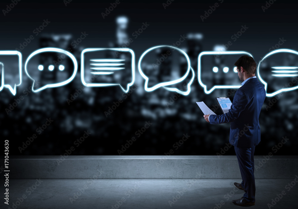 Poster businessman watching discussion icons sketch on a rooftop 3d rendering