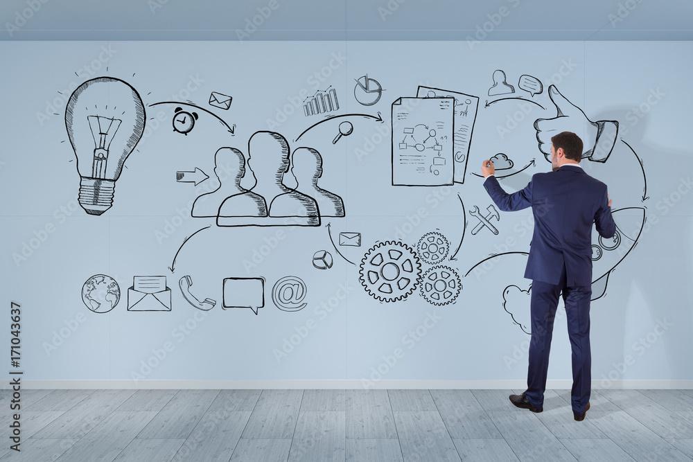Poster businessman drawing a project sketch on a wall 3d rendering