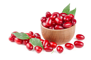 dogwood berry with leaf in a wooden bowl isolated on white background