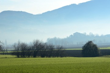 Hills in winter with fog