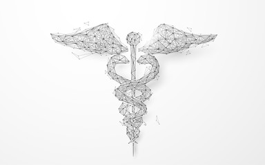 Wireframe caduceus medical symbol mesh from a starry background