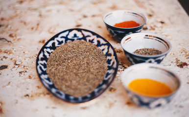 Composed bowls with various spices