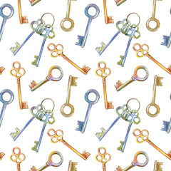 Seamless pattern of a keys.Watercolor hand drawn illustration.White background.