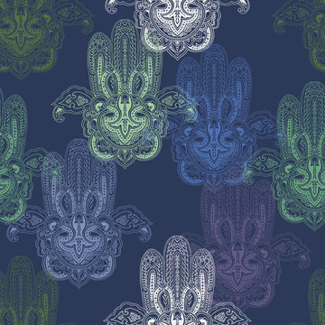 Seamless abstract paisley pattern with stylized lace hamsa symbols. Traditional oriental ethnic ornament, pastel hues. Yoga texture. Textile design.
