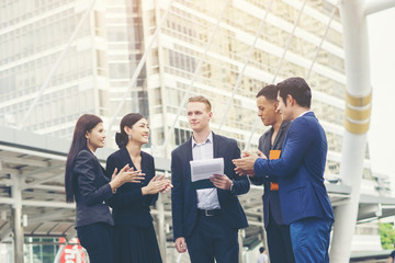 Fototapeta premium Portrait Group of business people conversation at meeting outside. Business concept.