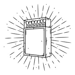 Hand drawn vector illustration with a matches box and divergent rays. Matches in a matchbox