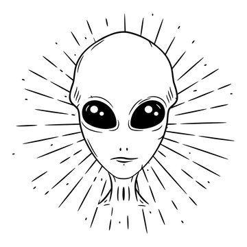 Hand drawn vector illustration with a Alien and divergent rays. Cartoon alien face. Alien head.