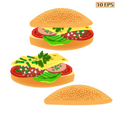 Sandwich. Sandwich with butter, sausage, cheese, tomatoes, parsley. Tasty sandwich with sausage. Fresh sandwich for breakfast. Bread with sausage. Bread with cheese. Sliced bread. Fast food. Vector.