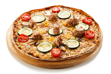 Pizza with tuna on white background 