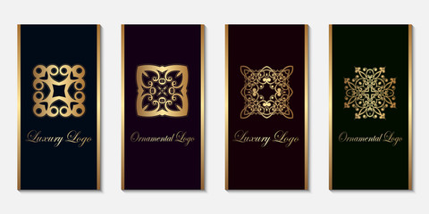 Logo design templates set with golden gradient on dark background. For luxury products, emblems, packaging.