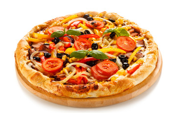 Pizza with ham and vegetables on white background 