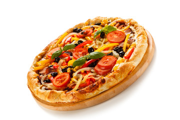 Pizza with ham and vegetables on white background 