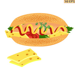 Hot dog. Hot dog with sausage. Delicious hot dog with ketchup and mustard. Bun, tomato, cheese, sausage, cheese. Tasty hot dog with sausage, cheese, tomato, lettuce, parsley. Fast food. Vector.