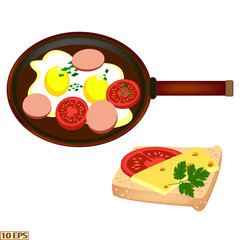 Fried eggs and sausage closeup. Scrambled eggs with sausage. Fried eggs with sausage and tomatoes. Vector illustration