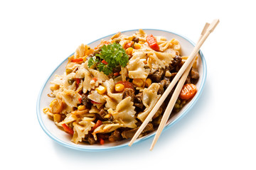     Pasta with meat asian style on white background 