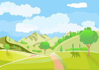 Obraz premium Green landscape with fields and hill. Lovely rural nature. Vector illustration.
