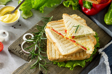 Pressed and toasted double sandwich with fresh vegetables and cheese on a gray stone background.