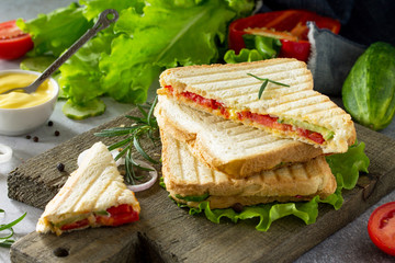 Fototapeta na wymiar Pressed and toasted double sandwich with fresh vegetables and cheese on a gray stone background.