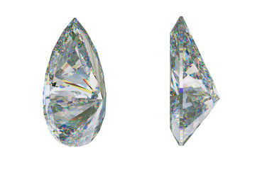 Side views of pear cut gemstone or diamond on white