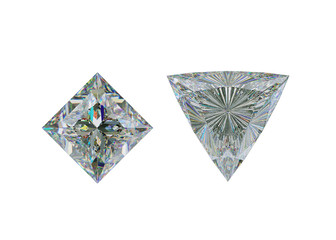 Top view of trillion and princess cut diamond on white
