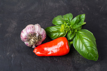 garlic, green basil, red chile pepper.