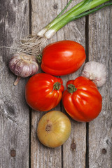 Tomatoes, onion and garlic on the table