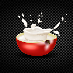 Red apple falling into the milky splash. Vector.