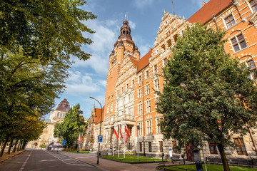 View on the old Provincial Office building on Haken terrace during the morning light in Szczecin,...