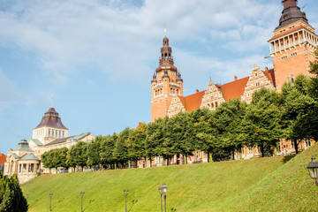 View on the old Provincial Office building on Haken terrace during the morning light in Szczecin,...
