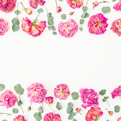 Floral frame with pink roses and eucalyptus on white background, Flat lay, Top view