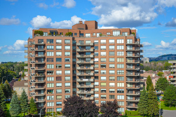 Modern condo buildings with huge windows in Montreal, Canada.