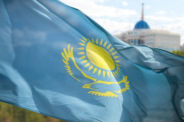 Flag of Kazakhstan in Astana and the president's residence. Photo in city Astana.