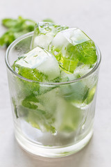 Homemade ice cubes with mint leaves inside in glass, fresh mint on background, ice for lemonade and cocktail, vertical
