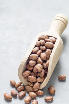 Uncooked dry pinto beans in a wooden scoop, copy space, vertical