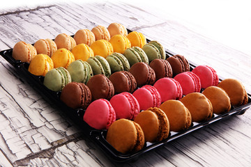 Sweet and colourful french macaroons or macaron on white background, Dessert.