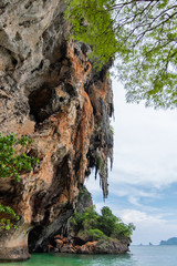 View of limestone mountain with stalactites at Phra Nang cave beach