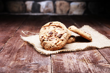 Chocolate chip cookies on table freshly baked