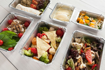 Healthy food take away at wood background