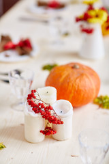 Red ripe ashberries on candles with pumpkin on served table on background