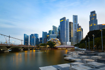 Fototapeta premium Singapore business district skyline during laser show in the evening. 